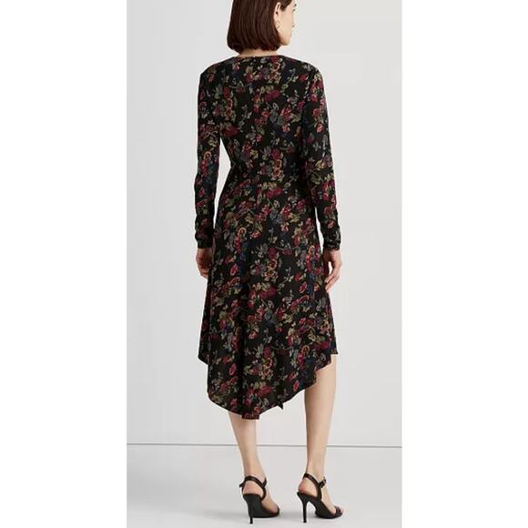 Lauren Ralph Lauren Floral Surplice Jersey Dress Black Multi Women's 6 NWT - Picture 2 of 10